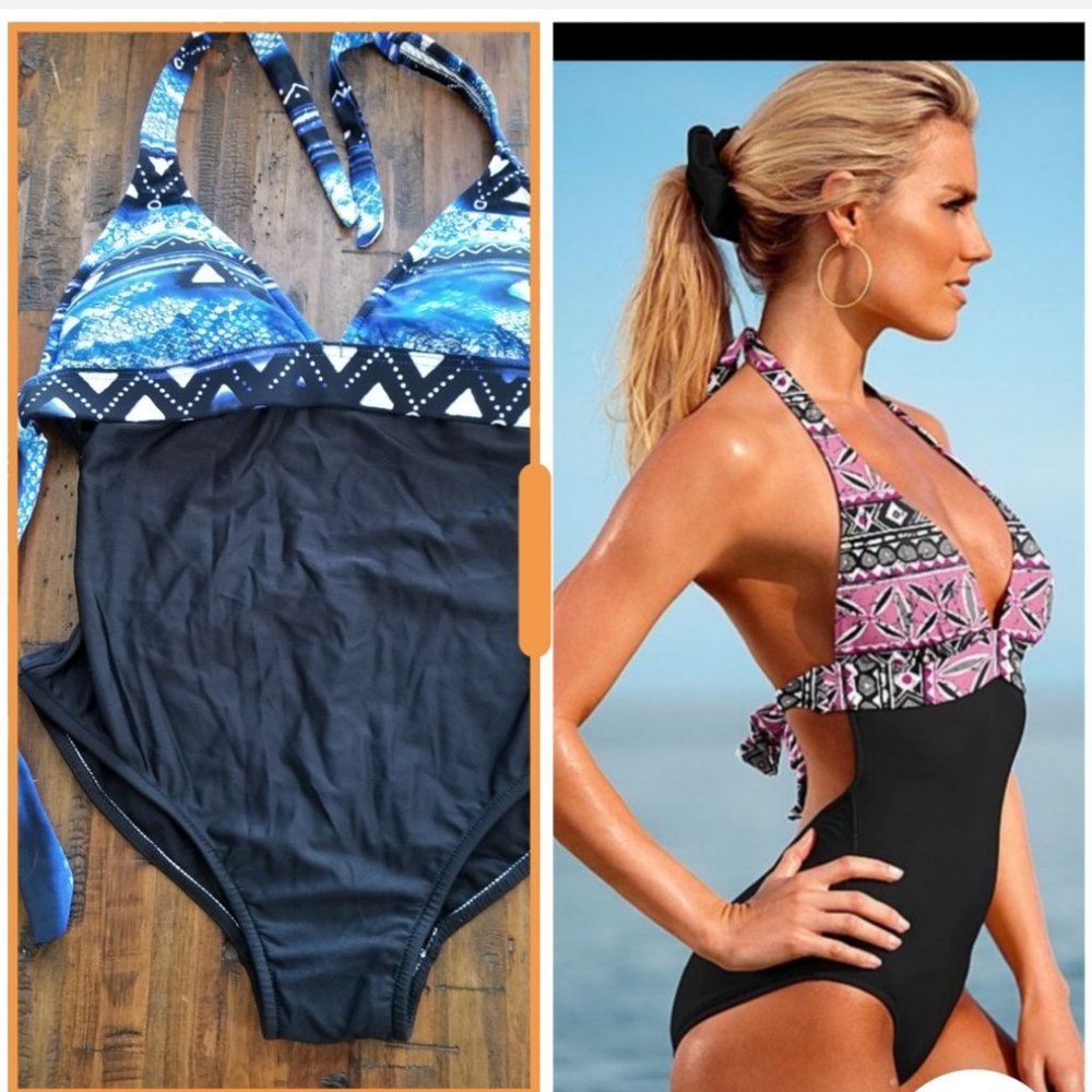 VENUS Tie Back One Piece Black/Geometric Bathing Suit